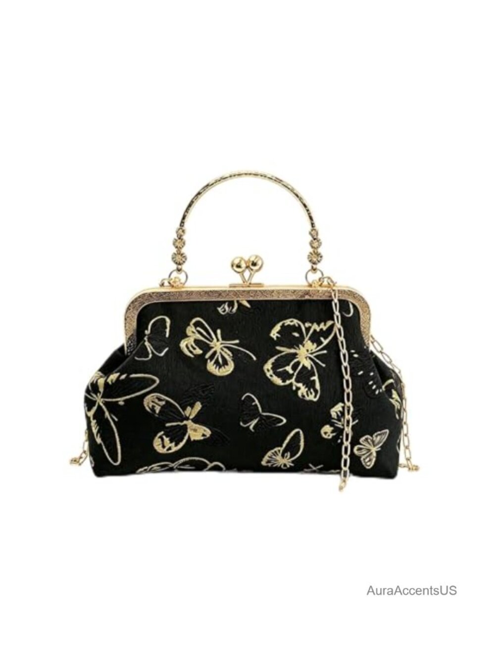 Butterfly Embroidery Kiss-Lock Clutch Purse, Sequin Crossbody Handbag